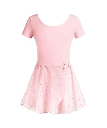 Arshiner Girls 2PCS Short Sleeve Ballet Leotards with Removable Sequined Dance Skirt Ballerina Outfits Dress 3-11 Year 8-9 Years Ballet Pink