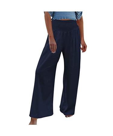 Lovely Nursling Linen Pants for Women's Summer Palazzo Lounge Pants Elastic Trousers Wide Leg Pants Casual Dress Pants Atxz-d-navy Small
