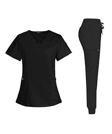 niaahinn Scrub Suit Set for Women Modern V-neck + Leg Drawstring Jogger Pants Medical Nursing Uniforms Set (Black S) Black Small
