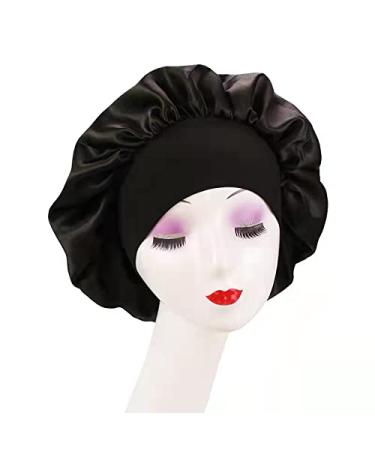 LFRNZS Satin Bonnet   Sleep Cap for Women Hair Care Sleeping Hair Bonnet  Soft Wide Elastic Band Silk Bonnet  Night Bonnet  Large Bonnet for Curly Natural Hair (Black)