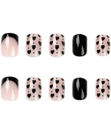 French Tip Press on Nails - Short Square Press On Nails with Nail Tips Black edge black love heart press on nails Acrylic False Nails Cute Artificial Nails - Buy Online on GoSupps.com
