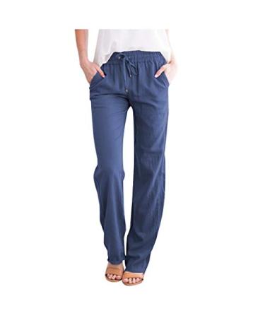 Women's Casual Relaxed-Fit Wide Leg Pant Elastic Waist Linen Pants Solid Drawstring Loose Trousers with Pocket X-Large Blue