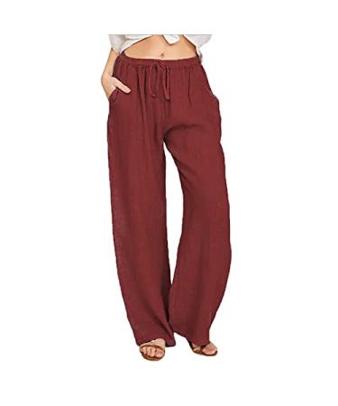 Women Flowy Wide Leg Pants Comfy Cotton Linen Elastic Waist Belted Retro Floral Palazzo Pants Ethnic Elegant Trousers Large 02_wine