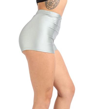 TOO HOT FASHIONS Women's Sexy Comfy Nylon Shiny High Waist Shorts Dance Running Disco Rave Club Wet Look Stretch Hot Pants Silver Small