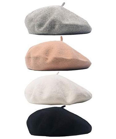 Trounistro 4 Pack Beret Hat French Beret Cap Winter Fashion Solid Color Hat for Women Girls Lady Color Set 1