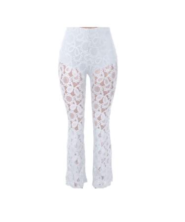 Women's Cropped Pants Lace Embroidery Leggings Fashion Bell Bottom Pants Slim Fit Pull on Pant Tummy Control Leggings White XX-Large