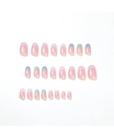 Short almond shaped Simple French Nail green pink blue white edge fake nails Press on Nails with Nail Tips Acrylic False Nails Cute Artificial Nails for Women and Girls - Buy Online on GoSupps.com