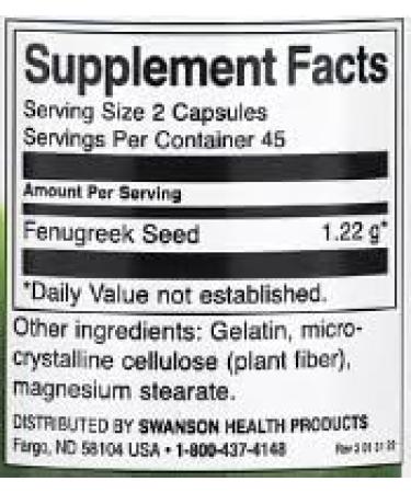 Swanson Fenugreek Seeds 610mg - 90 Capsules | Natural Supplement for Lactation Increase and Glycemic Support - Buy Online on GoSupps.com
