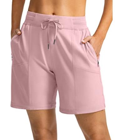 Soothfeel Women's Hiking Cargo Shorts with 4 Pockets 7 Inch Long Quick Dry Athletic Golf Shorts for Women Casual Summer H-pink X-Small