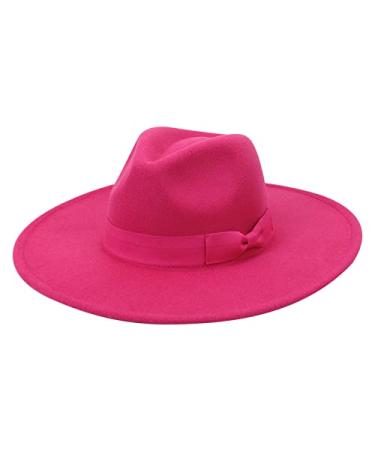 Unisex Fashion Wide Wool Belt Flat Top Fedora Hat Party Church Hats Cap_(PP22064687) Hot Pink One Size