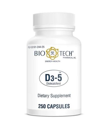 Bio-Tech Pharmacal D3-5 (5000 IU) 250 Capsules  All-Natural Supplement  Supports Bone & Immune Health  No Dairy Fish Gluten Peanut Shellfish & Soy  No Artificial Colors - Buy Online on GoSupps.com