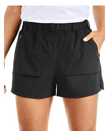 CRZ YOGA Women's Waterproof Stretch Hiking Shorts: Mid Rise Summer Outdoor Golf Workout Shorts Zip Pockets with Belt - 3'' Medium Black
