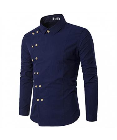 Men's Button Up Short Sleeve Dress Shirts Slim Fit Double Breasted Turn Down Collar Business Wedding Blouse Tops Navy