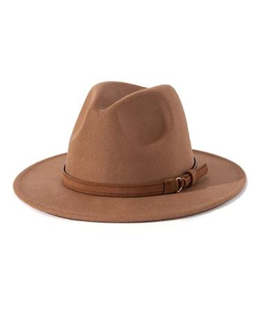 Lisianthus Men & Women Vintage Wide Brim Fedora Hat with Belt Buckle Khaki Large