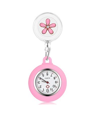 Hemobllo Retractable Nurse Watch Portable Pocket Watch Clip On Watch Cute Leaves Watch with Second Hand for Doctor Black Pink