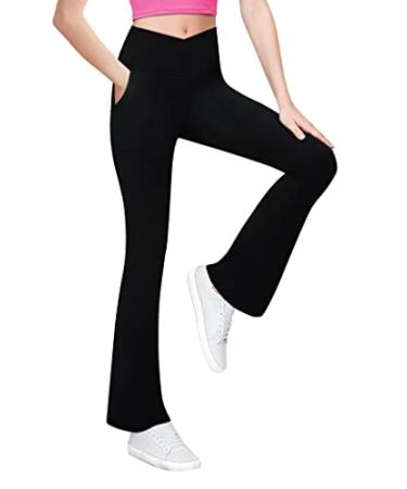 Girls' Leggings Cross Flare Pants with Pockets Black Soft Stretchy High Waisted Pants for Kids Child Yoga Dance Black 11-12 Years