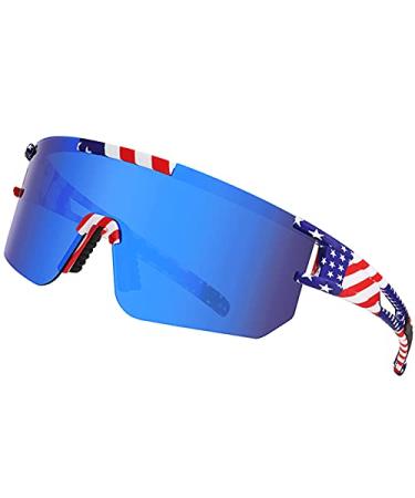 IKTOD Sports Sunglasses for Men and Wome,UV400 Polarized Sunglasses,Cycling,Driving,Windproof Blue Lens Flag Frame