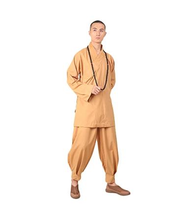 Men's Zen Meditation Clothing Monk Robe Outfit Uniform Martial Arts Kung Fu Shaolin Arhat Set Temple Clothes Shirt and Pant Beige X-Large