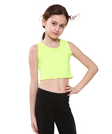 Kids Girls Neon Fluorescent Vest Crop Tops T-Shirt Tee Top Dance Wear Gymnastic Fancy Dress Age 5-14 Years Neon Yellow 7-8 Years