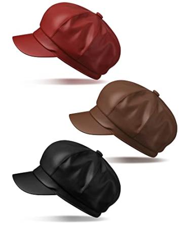 3 Pcs Women Newsboy Hats PU Leather Visor Beret Cabbie Hat 8 Panel Vintage Women Fiddler Cap Faux Leather Baker Boy Hat Khaki, Red and Black