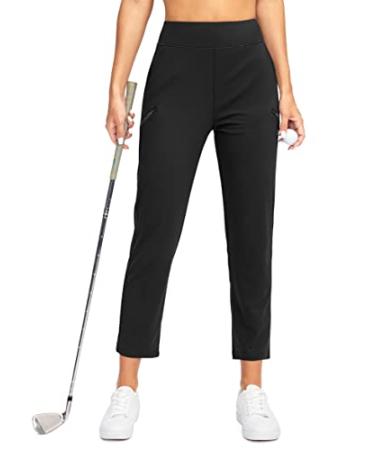 SANTINY Women's Golf Pants with 3 Zipper Pockets 7/8 Stretch High Waisted Ankle Pants for Women Travel Work Black Medium