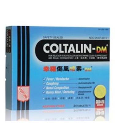 Coltalin - DM Cough Suppressant Antihistamine Nasal Decongestant Pain Reliever Fever Reducer Cold and Flu 24 Tablets Box