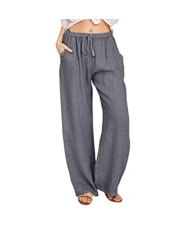 Gufesf Women's Cotton Linen Palazzo Pants Summer Wide Leg Long Trousers with Pockets Crop Pants for Women Casual Summer Grey XX-Large