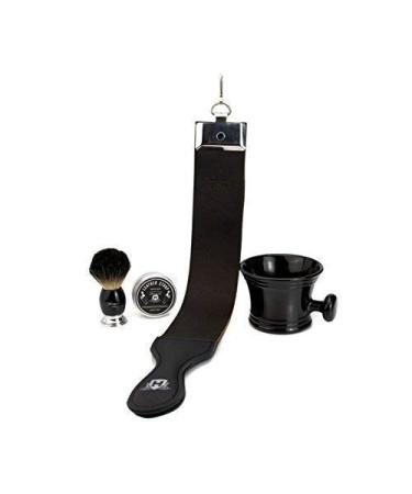 Haryali Handmade Leather Strap with Paste/Balm Black&chrome Badger Hair Shaving Brush with Classic Style Shaving Bowl + Shaving Soap