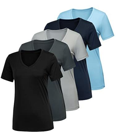 CE' CERDR 5 Pack Workout Shirts for Women Moisture Wicking Quick Dry Active Athletic Women's Gym Performance T Shirts 5 Pack Black Light Grey Dark Grey Navy Light Blue X-Large