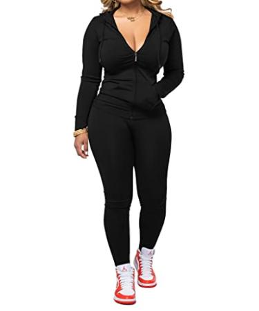 PINSV Women Two Piece Outfits Workout Sets Bodycon Tracksuit Long Sleeve Zip Up Hoodie Jacket Jogger Matching Sweat Pants Set P56 Black X-Large