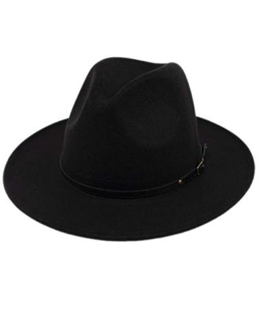 Lanzom Womens Classic Wide Brim Floppy Panama Hat Belt Buckle Wool Fedora Hat Black One Size