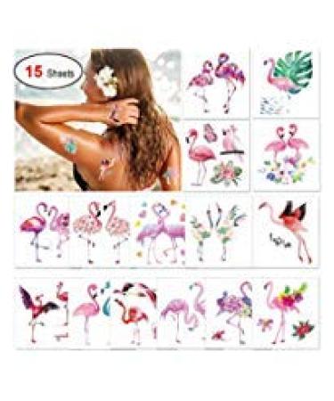 Konsait 15Sheet Flamingo Temporary Tattoo for Women Kids  Elegant Hawaiian Luau Temporary Tattoos  Waterproof Tropical Tattoos Stickers for Hawaiian Summer Beach Pool Party Decorations Supplies