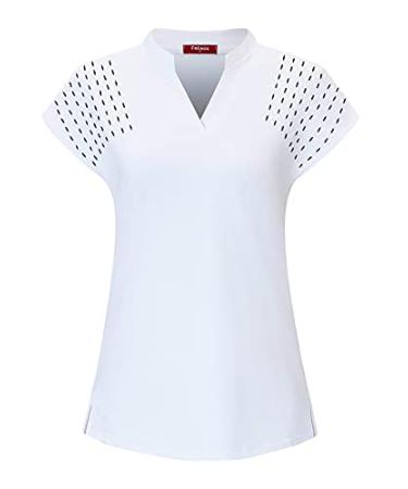 Felisou Womens V Neck Golf Polo Shirts Short Sleeve Sport Shirt Workout Tops Medium White