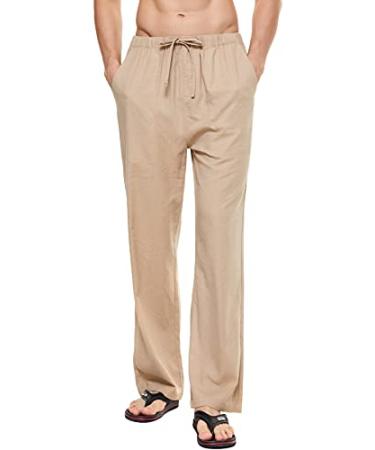 YuKaiChen Men's Linen Cotton Yoga Pants Casual Loose Sweatpants Beach Trousers Lounge Pants Medium 1-light Khaki
