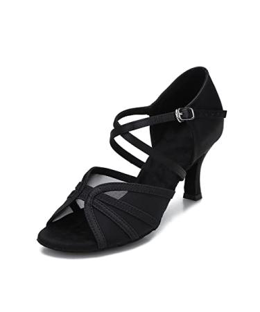 CLEECLI Women's Ballroom Dance Shoes Latin Salsa Dancing Shoes Cross Strap 2.5inch 3inch Heel ZB04 7 Black-3 Inch Heel