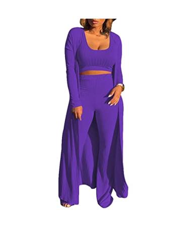 HANMAX Women's Tracksuit Winter Autumn Knitted Long-sleeved Blazer Coat Tank Long Pants Three Piece Sets Outfit Purple XX-Large