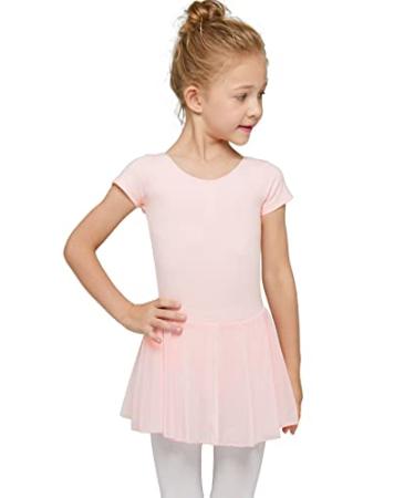 MdnMd Toddler Girls Ballet Leotards with Skirt Classic Short Sleeve Dance Gymnastic Ballerina Outfit Dress Ballet Pink 4-5T