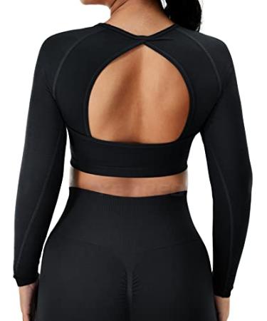 YEOREO Amplify Seamless Long Sleeve Crop Gym Shirts for Women Workout Yoga Tops #01 Black(open Bakc Design) Small