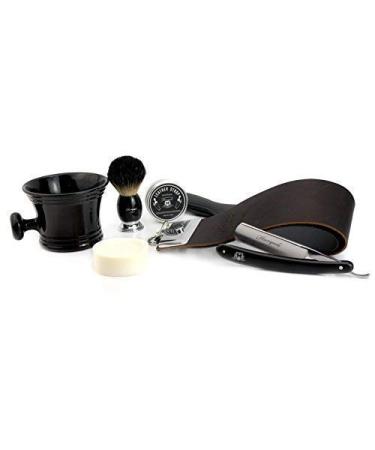 Completely classic style vintage shaving set (leather belt with paste roofs hairbrush straight cut razor shaving cups with soap)