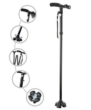 Folding Cane with Led Light, Adjustable Canes and Walking Sticks for Men and Women, Walking Cane Stick for Elderly with Cushion T Handle and Pivoting Quad Base for Hiking Mountain Climbing Backpacker