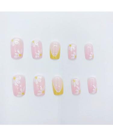 Yellow Daisy French Tip Press on Nails - 24Pcs Short Square False Nails for Women - Buy Online on GoSupps.com