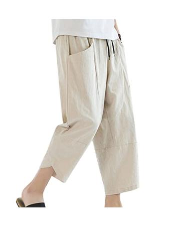 Mens Yoga Pants with Pockets Cotton Linen Pants Stylish Print Drawstring Workout Baggy Pants Lounge Sweatpants P1-white X-Large