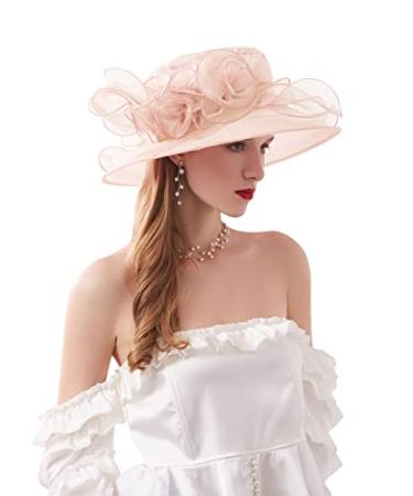 RZTA Women's Kentucky Derby Church Dress Hat Wide Brim Leaf Flower Bridal Shower Hat Light Pink