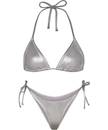Metallic Bikini for Women - Retro Shiny Silver Gold Swimsuits Bathing Suit Triangle Tops Side Tie Thong Bottom Set Small Silver