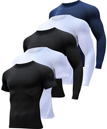 4/5 Pack Compression Shirts Men Short/Long Sleeve Athletic Cold Weather Baselayer Undershirt Gear Tshirt for Sports Workout 2 Black 2 White 1 Blue Medium