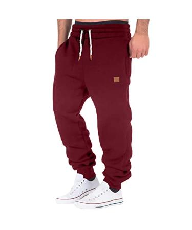 Men's Heavyweight Fleece Cargo Sweatpants Stretch Elastic Waist Athletic Workout Jogger Pants Drawstring Sport Trousers #1-wine Large