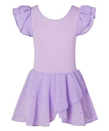 Lovefairy Gymnastics Leotards for Girls Ruffle Sleeve Ballet Dance Dress with Sparkly Tutu Skirt 3-11 Years 4-5T Purple