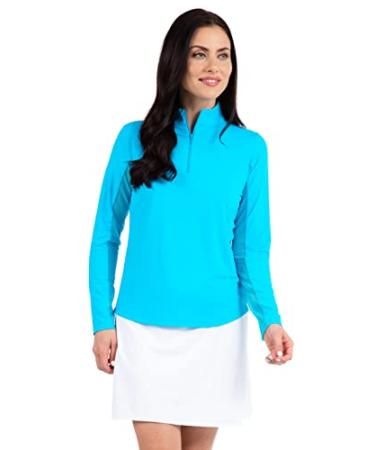 IBKUL Athleisure Wear Sun Protective UPF 50+ Icefil Cooling Tech Long Sleeve Mock Neck Top with Under Arm Mesh 80000 Turquoise Solid XXL