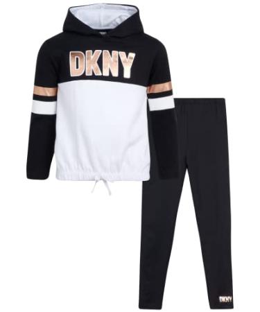 DKNY Girls' Leggings Set - 2 Piece Fleece Pullover Sweatshirt and Stretch Leggings Black/White 7