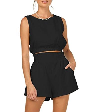AUTOMET Womens Summer 2 Piece Outfits Shorts Sets Sleeveless Round Neck Crop Top Tank and High Waisted Shorts with Pockets Black Medium